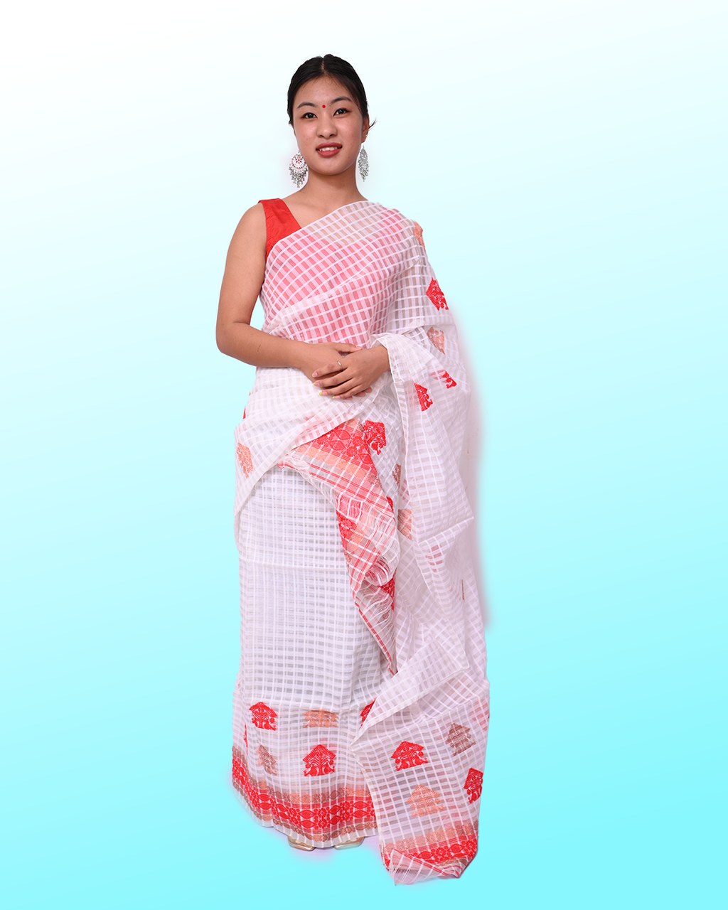 Handcrafted Off-White Checkered Pattern Kesapat Cotton Mekhela Sador with Unstitched Blouse Piece