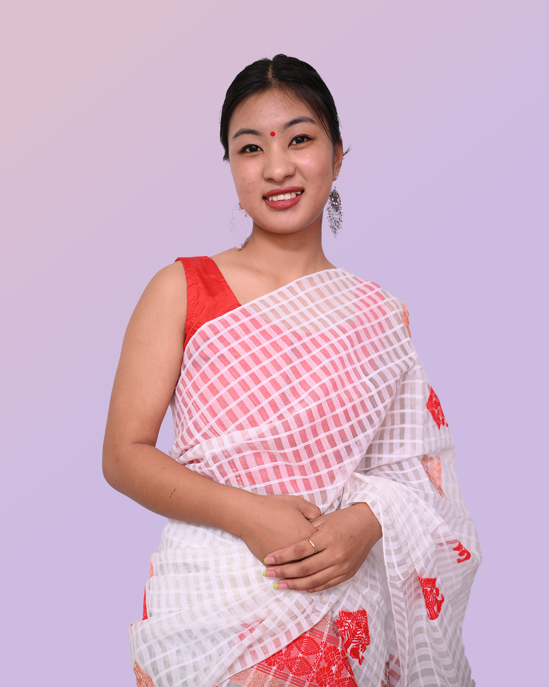 Handcrafted Off-White Checkered Pattern Kesapat Cotton Mekhela Sador with Unstitched Blouse Piece