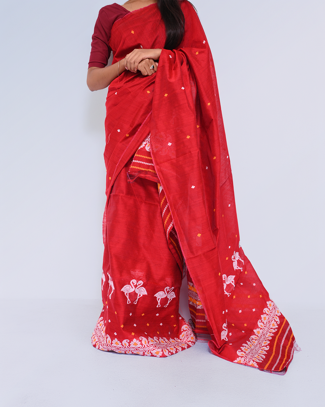 Handcrafted Dark Red Staple Cotton Mekhela Sador with Unstitched Blouse Piece