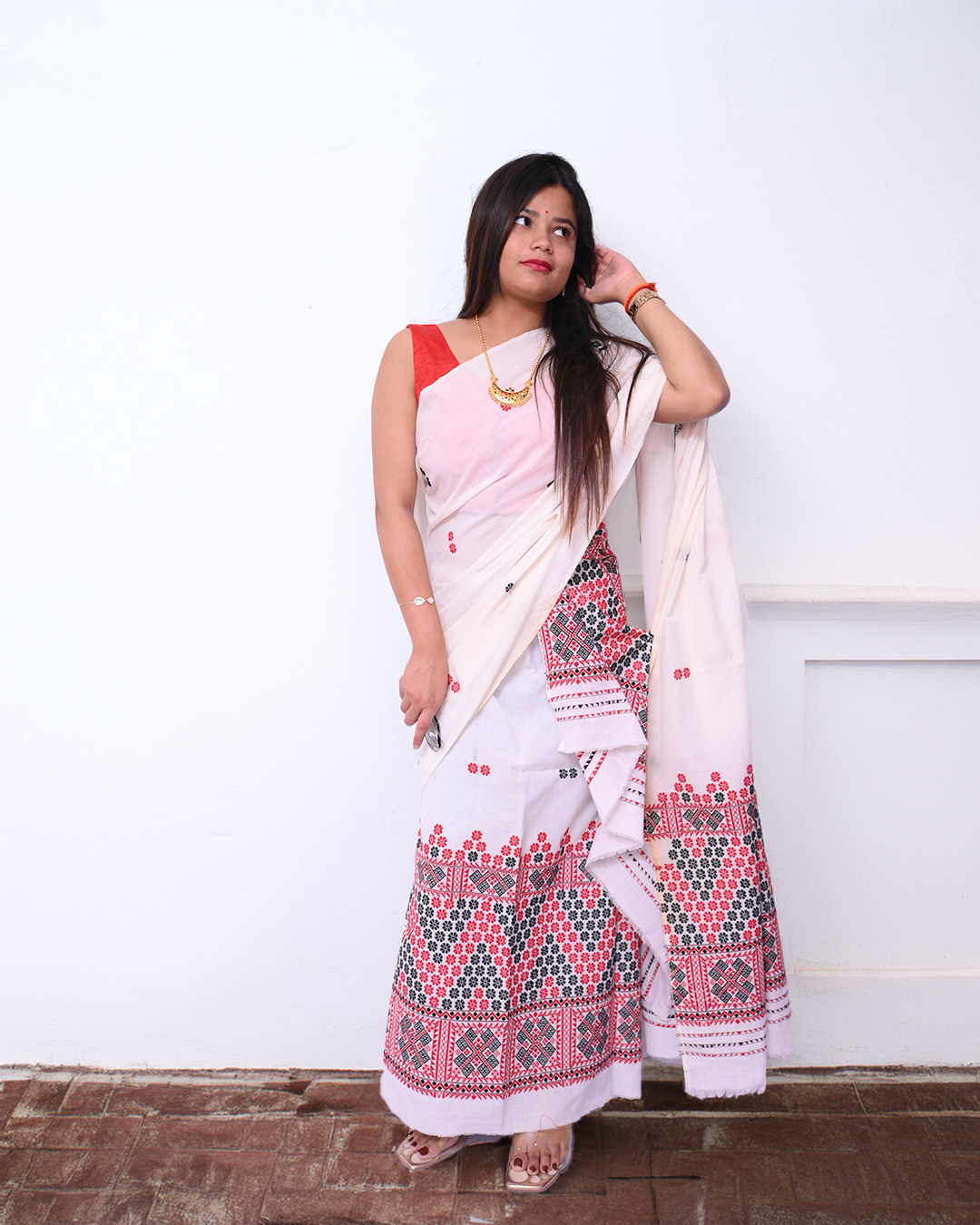 Handcrafted Ready to Wear White Padmini Cotton Mekhela Sador with Traditional Red &amp; Black Motif Work
