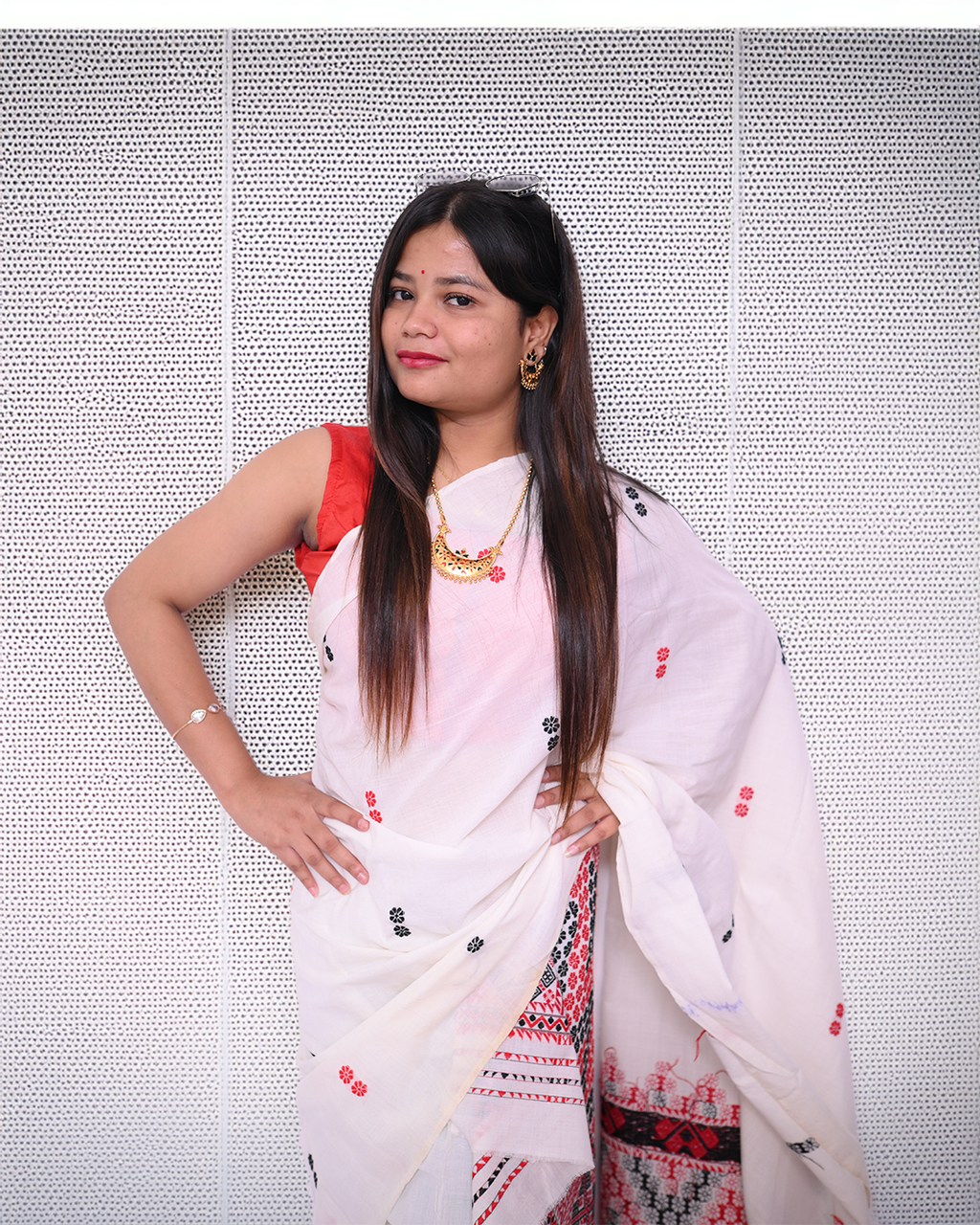 Handcrafted Ready to Wear White Padmini Cotton Mekhela Sador with Traditional Red &amp; Black Motif Work