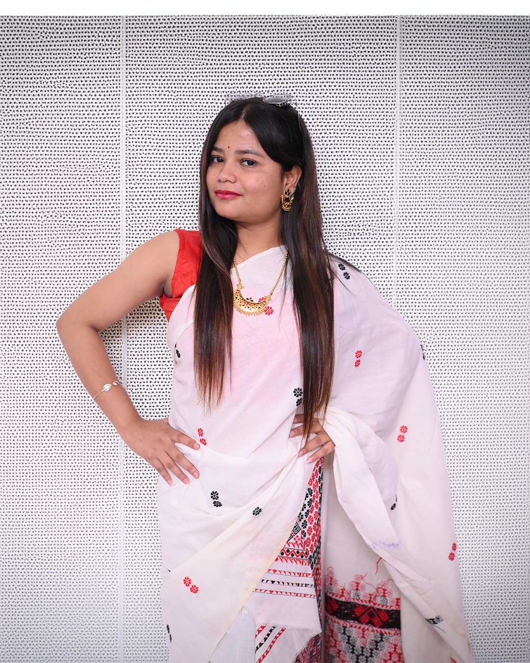 Handcrafted Ready to Wear White Padmini Cotton Mekhela Sador with Traditional Red &amp; Black Motif Work