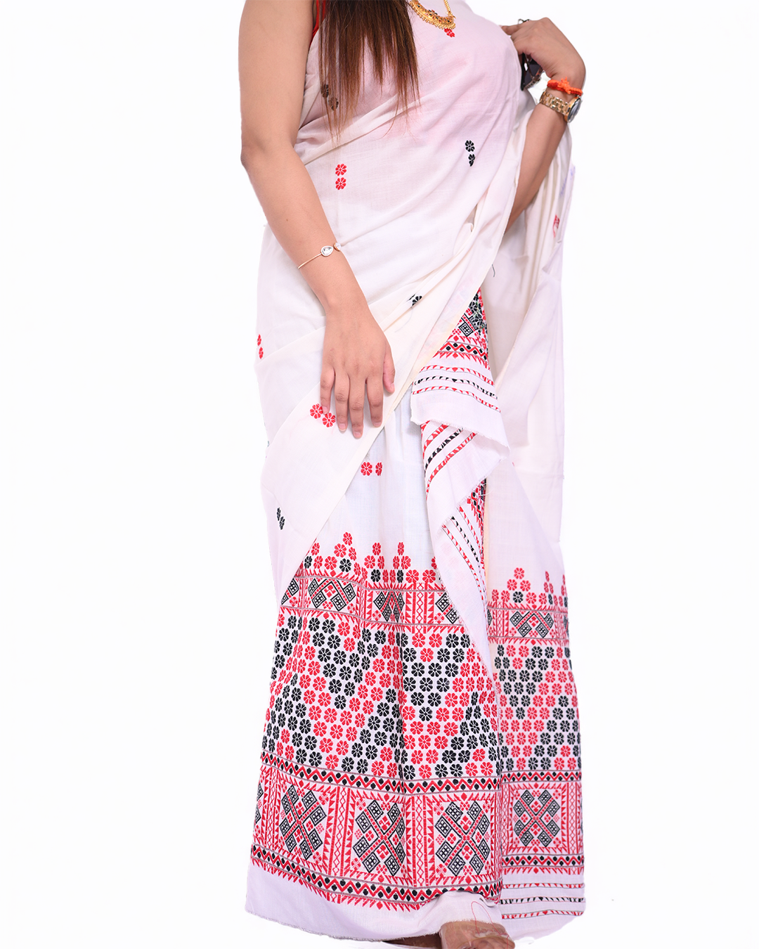 Handcrafted Ready to Wear White Padmini Cotton Mekhela Sador with Traditional Red &amp; Black Motif Work