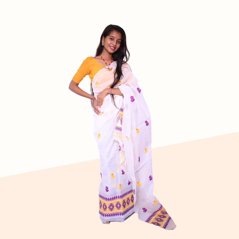 Ready to Wear – Elegant White &amp; Violet Wash Cotton Mekhela Sador with Unstitched Blouse Piece