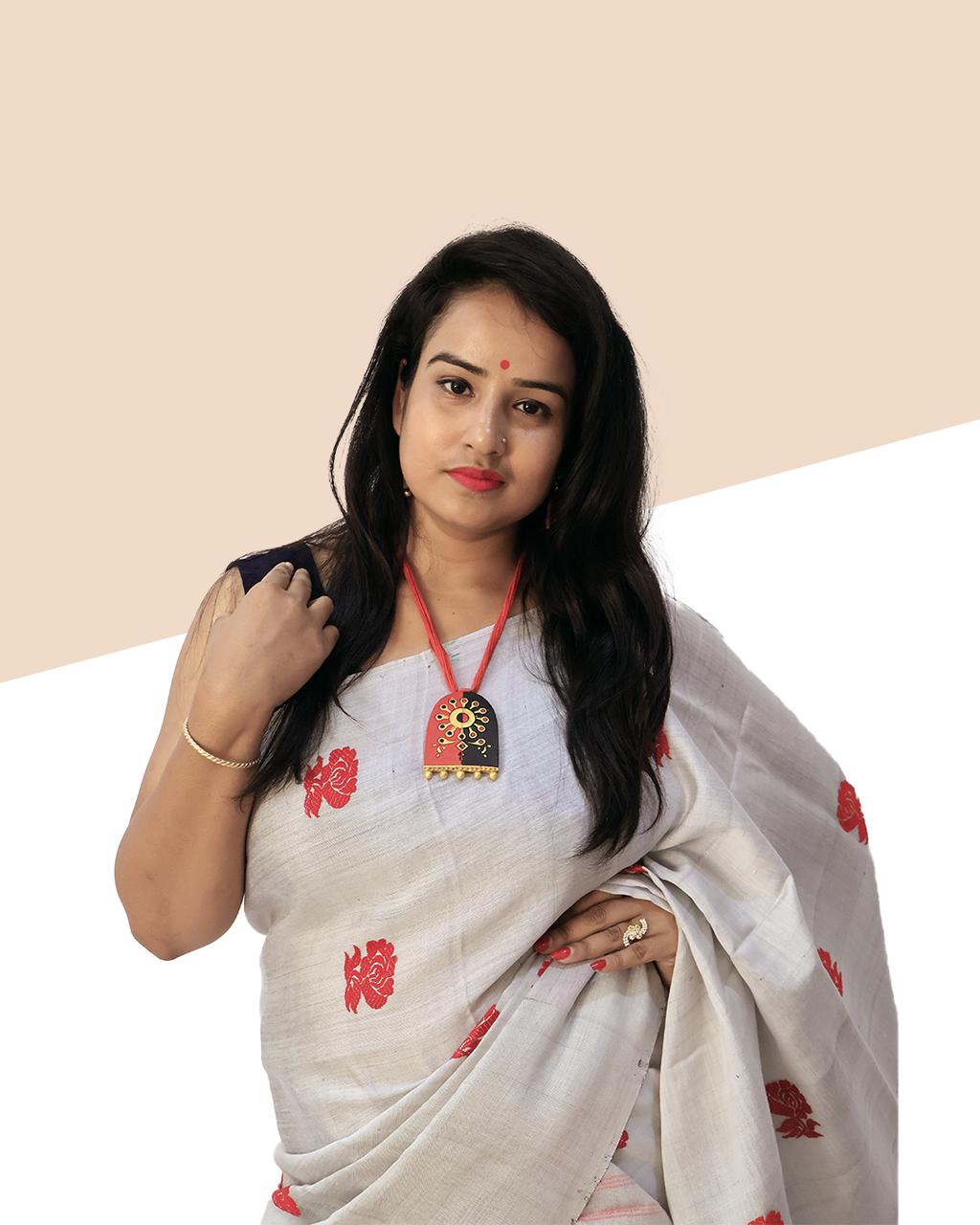Handwoven Off-White Keshapat Cotton Mekhela Sador (Ready to Wear) with Red Floral Motifs + Unstitched Blouse Piece